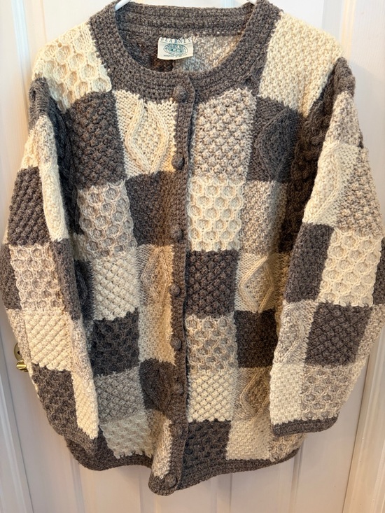 Blarney Woolen Mills Sweaters - Irish Knit Chunky Patchwork Cardigan Coat - Gray & Cream